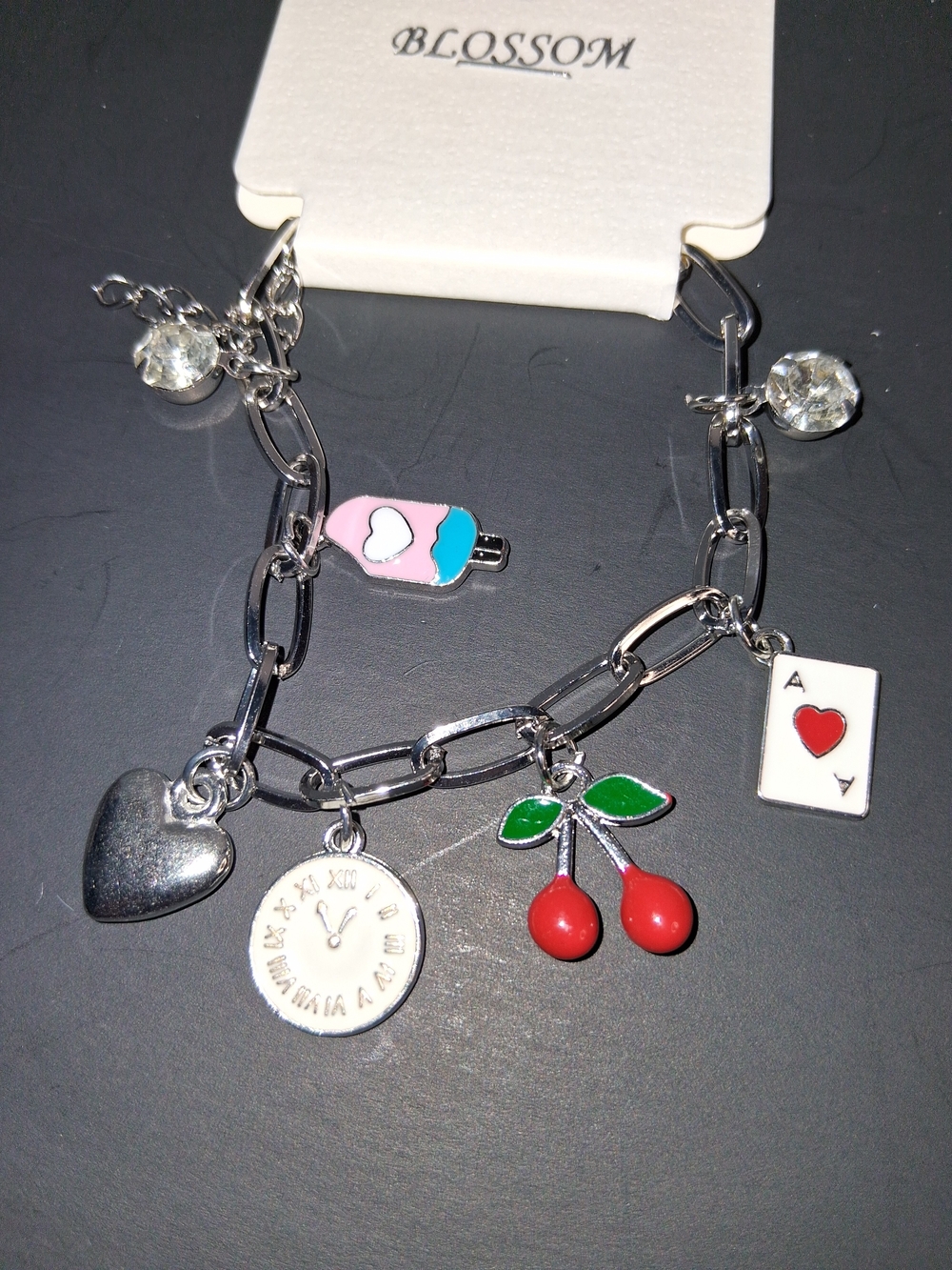 Silver Charm Bracelet with Red Cherry & Pink Ice Cream Charms